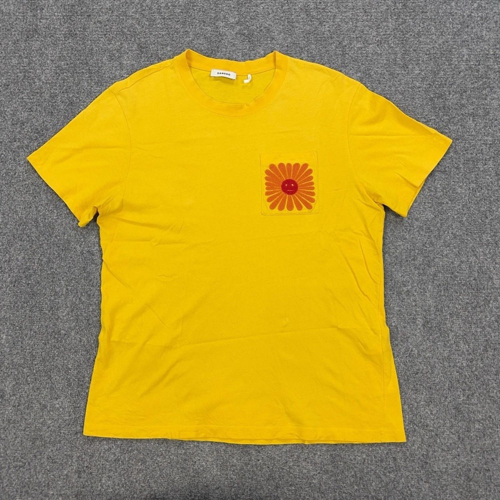 Sandro Shirt Mens XL Yellow Flower Smiley Pocket Graphic Tee Embroidered Retro